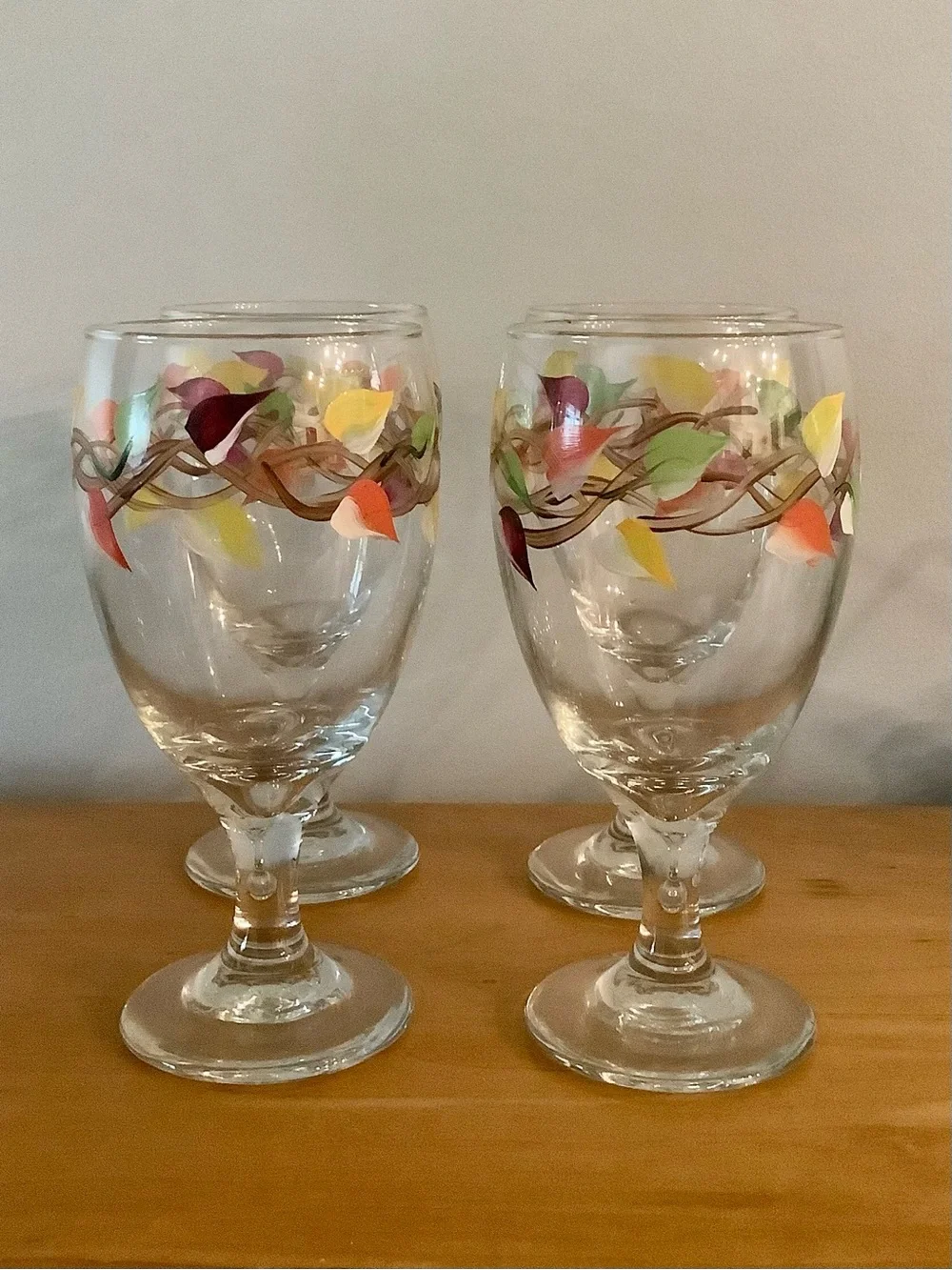 Colorful Hand Painted Leaf Stemmed Wine Glasses - Set of 4